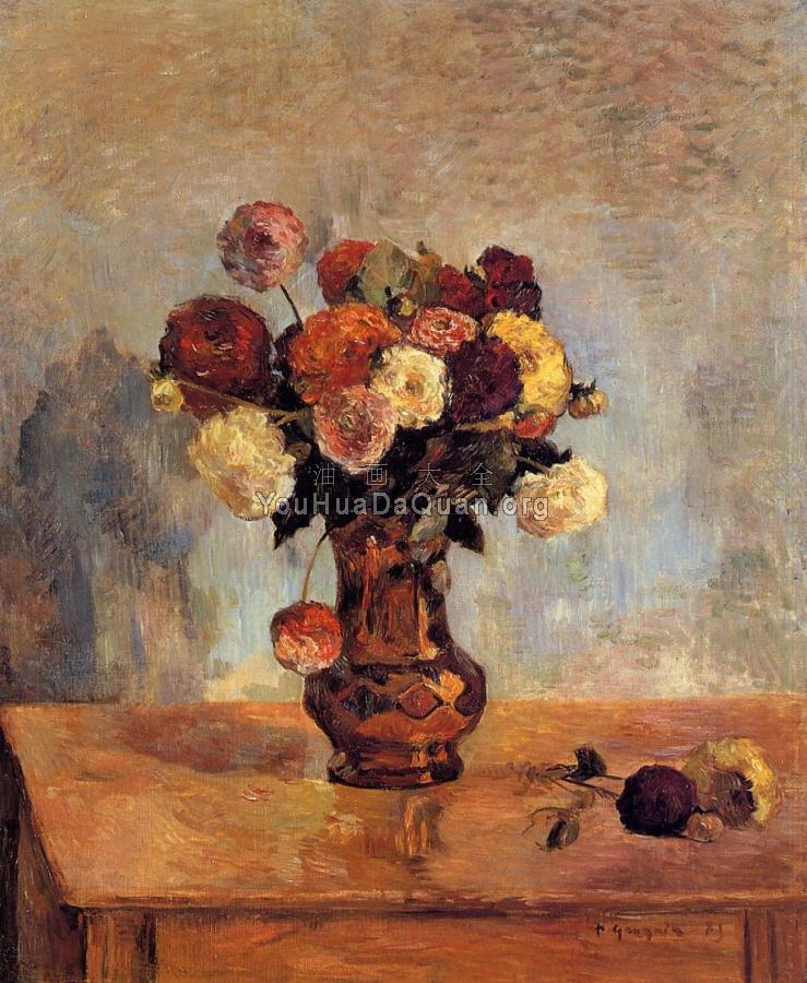 Dahlias in a Copper Vase - 保罗·高更